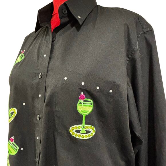 NYE Las Olas size S black green bejeweled blouse margarita glasses button front - Picture 3 of 9